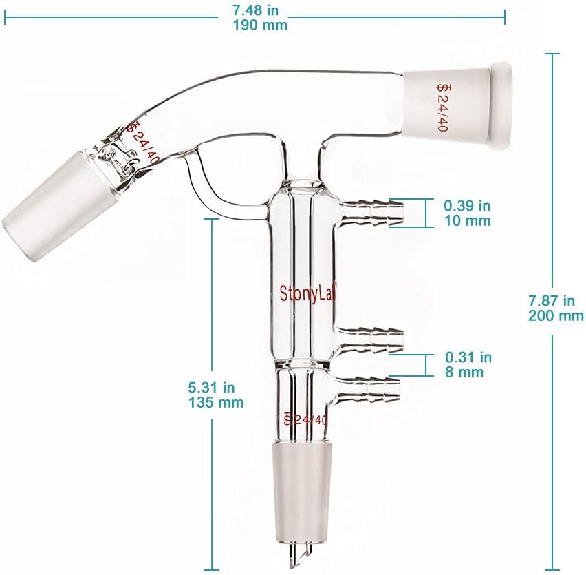 Destillatiekop met Korte Weg – Short Path Destillatie Apparaat – Destillatie-Adapter – Vacuüm Destillatiekop – Laboratorium Glaswerk – Borosilicaatglas – 24/40 Slijpverbinding met 3 Slangaansluitingen
