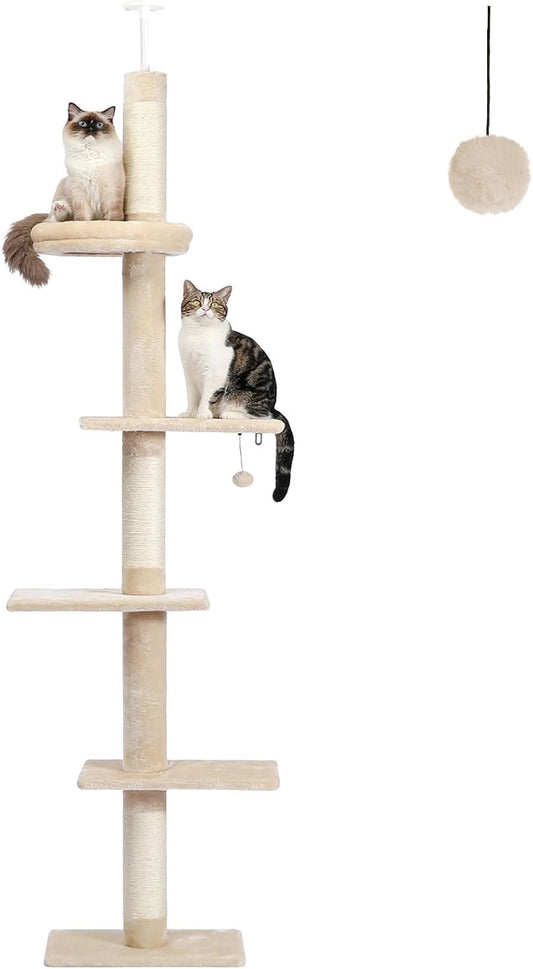 Kattenboom – Krabpaal – Klimpaal – Kattenmeubel – Kattenklimtoren – Verstelbare Hoogte 95-107 inch – Stevig Sisal & Luxe Pluche Platforms