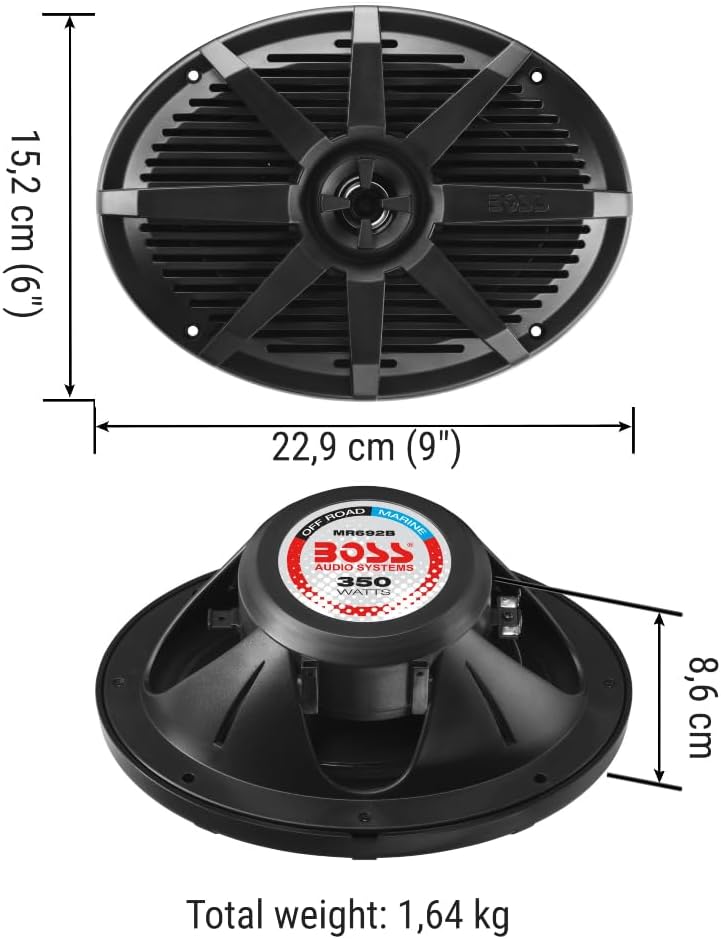 KIT SET VOOR BOSS AUDIO SYSTEMS MR692B 2 ovale 2-weg marine speakers, zwart 6 x 9 15 x 23 cm 175 watt rms 350 watt max 4 ohm waterdicht zeezwembad boothotel, per paar