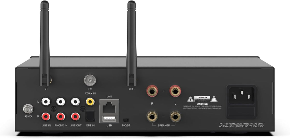 Arylic A100 Draadloze Full Digital HiFi-versterker met FM-radio, 100 W × 2 wifi-en bluetooth-audio-ontvangers, ondersteunt AirPlay, Spotify Connect, Multiroom, ideaal voor KTV, thuisbioscoop en radio.