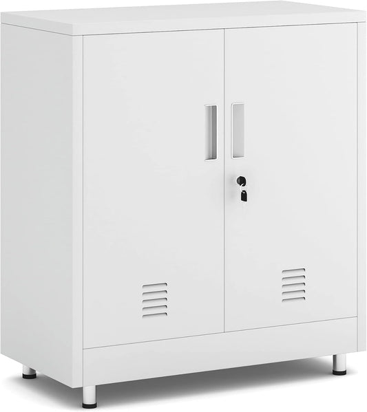 Metalen opbergkast met afsluitbare deuren en verstelbare plank, klein dressoir afsluitbare zijkast voor thuis, kantoor, hal, entree, woonkamer, eetkamer (wit)