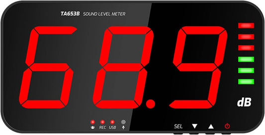 Geluidsniveaumeter, 13 inch scherm Realtime Decibelwaarden Alarmmelding Niveau weergavebalk Decibelmeter Meerdere koelpoorten Muur Opknoping Geluidsmeter voor Klaslokaal, Huis
