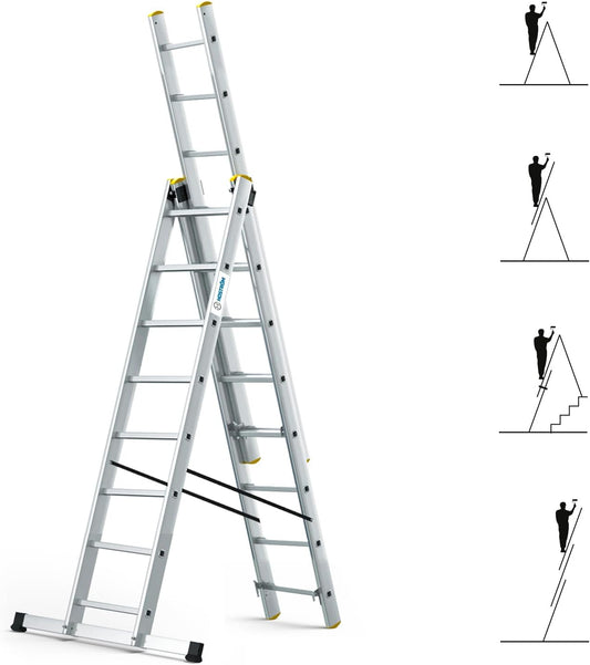 StablePro Ladder, transformeerbaar, 3 x 8 treden, aluminium, uittrekbaar, 6 posities, max. werkhoogte 5,05 m