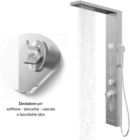 Douchepaneel Shine staal 4 functies LED-licht display temperatuureffect regen waterval antikalk (geborsteld chroom)