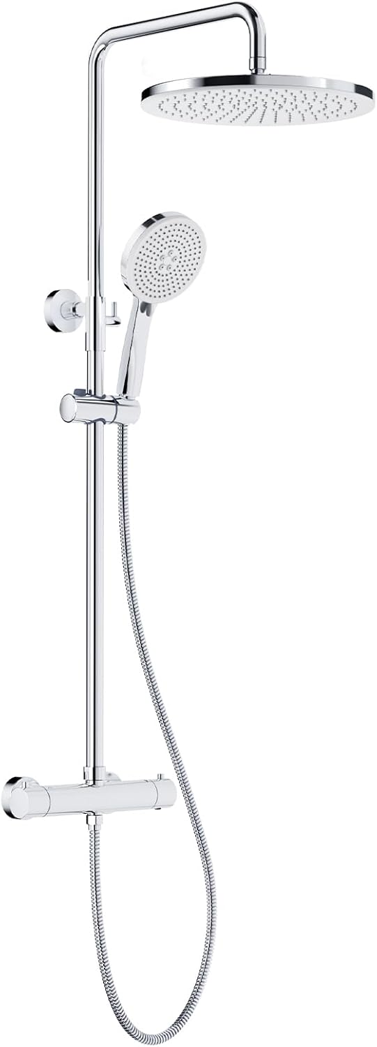 Rainsworth Douchesysteem met thermostaat, chroom, complete set met 30 cm, ronde regendouche, douchekop, 5 straalsoorten, douchekop, 92-126 cm in hoogte verstelbaar, regendouche met kraan, doucheset
