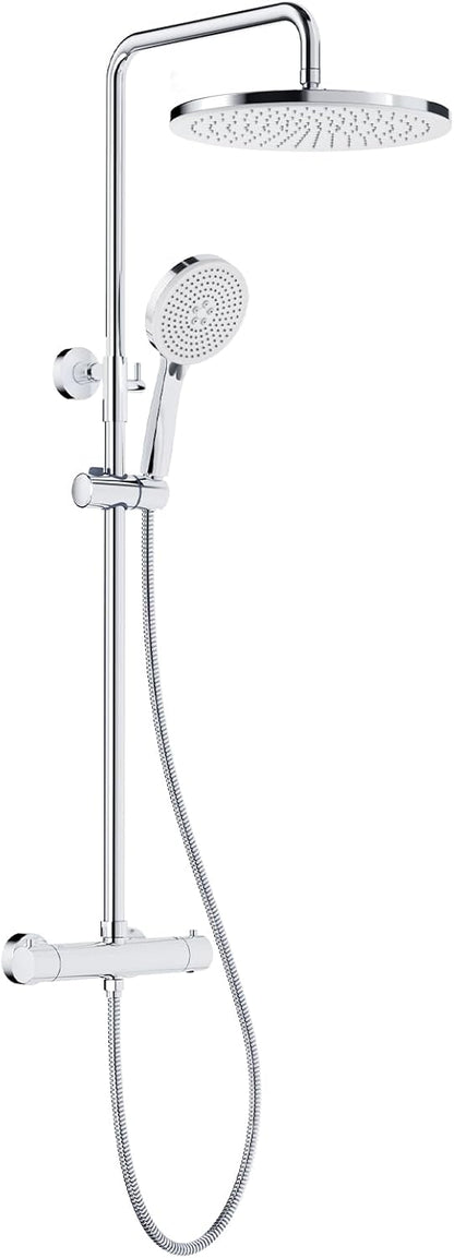 Rainsworth Douchesysteem met thermostaat, chroom, complete set met 30 cm, ronde regendouche, douchekop, 5 straalsoorten, douchekop, 92-126 cm in hoogte verstelbaar, regendouche met kraan, doucheset