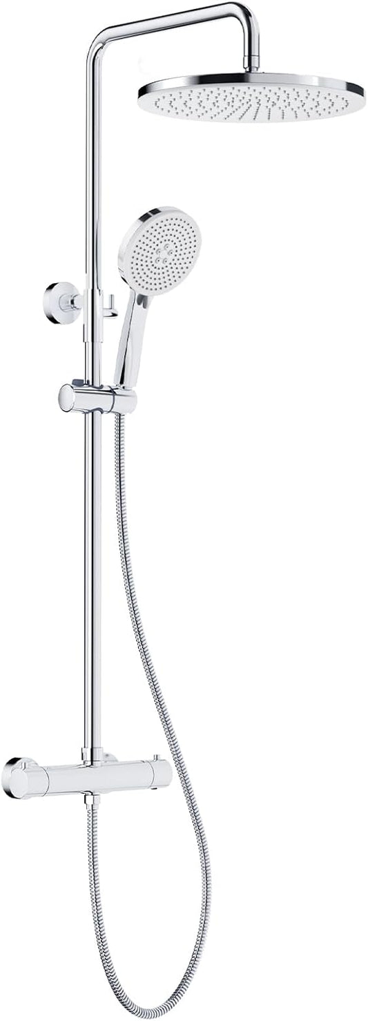 Rainsworth Douchesysteem met thermostaat, chroom, complete set met 30 cm, ronde regendouche, douchekop, 5 straalsoorten, douchekop, 92-126 cm in hoogte verstelbaar, regendouche met kraan, doucheset