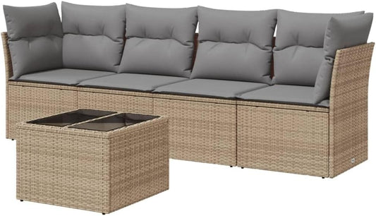 vidaXL 5-Piece Lounge Set with Cushions Poly Rattan Beige, Garden Set, Garden Furniture, Patio Set, Garden Furniture, Lounge Sofa, Lounge Set Garden - QUORE