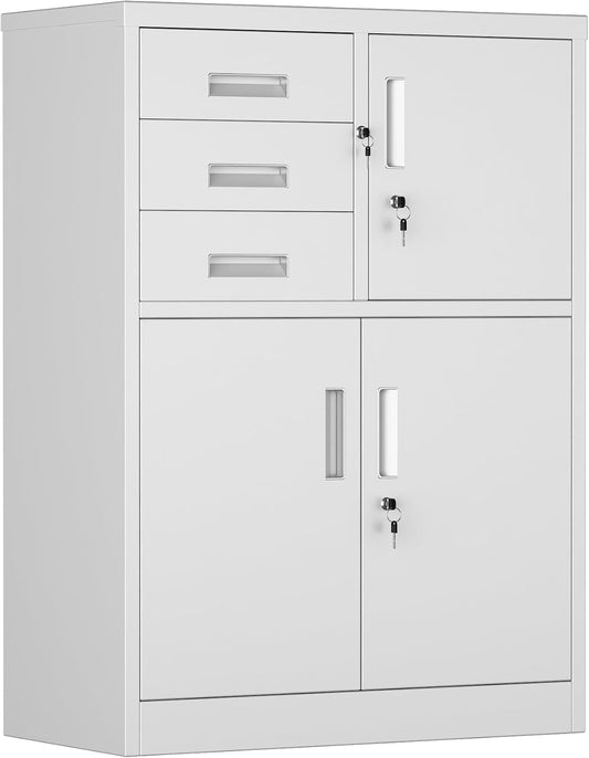 Filing cabinet, metal cabinet with three drawers, magazine cabinets, sheet steel powder coating, steel cabinet for tools, office, 110 x 80 x 40 cm (white - QUORE