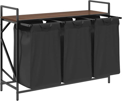 Gecheer Laundry basket 3 compartments with shelf brown oak look, laundry basket laundry basket laundry basket for baby clothes bedding shoes 859064 - QUORE