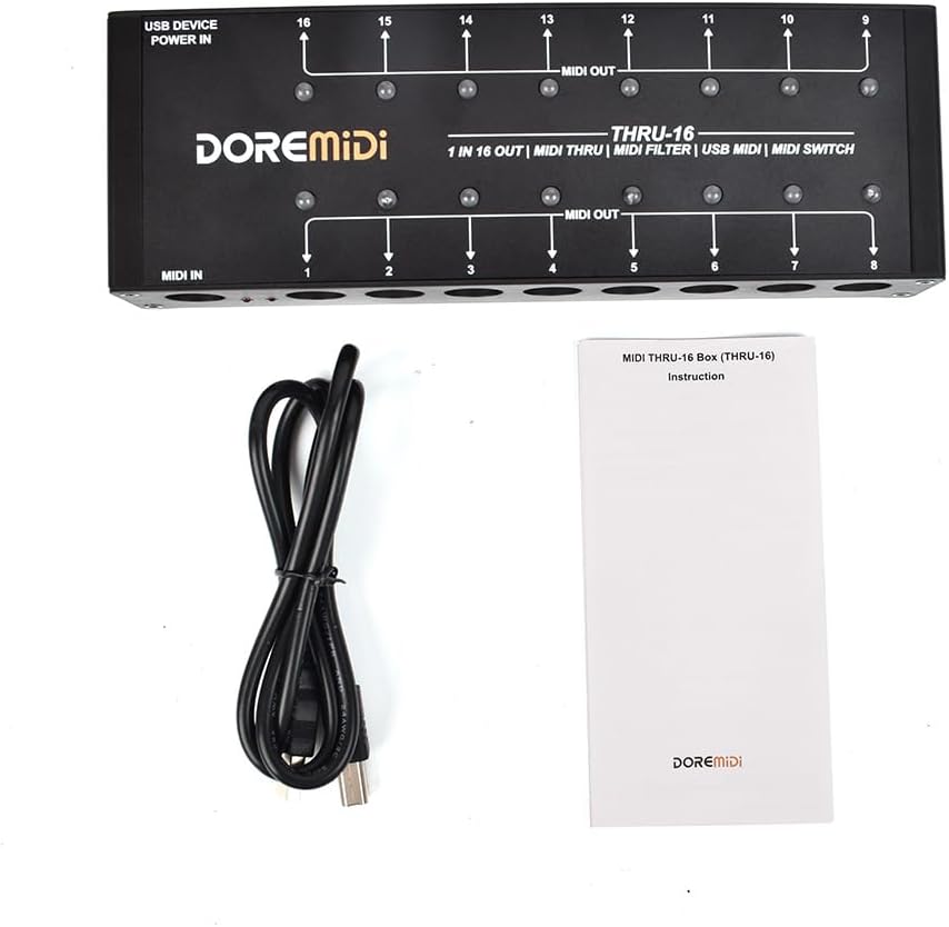 MIDI-Thru Box – MIDI Splitter – MIDI Verdeler – MIDI Router – MIDI Patchbay – 16 Uitgangen – 1 MIDI-Ingang Naar 16 MIDI-Uitgangen – Per Uitgang Instelbare Filtering