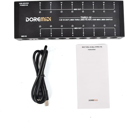 MIDI-Thru Box – MIDI Splitter – MIDI Verdeler – MIDI Router – MIDI Patchbay – 16 Uitgangen – 1 MIDI-Ingang Naar 16 MIDI-Uitgangen – Per Uitgang Instelbare Filtering