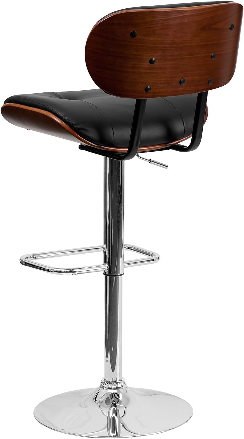 Flash Furniture Barkruk van walnoothout met verstelbare hoogte en met knopen gewatteerde zwarte vinyl bekleding