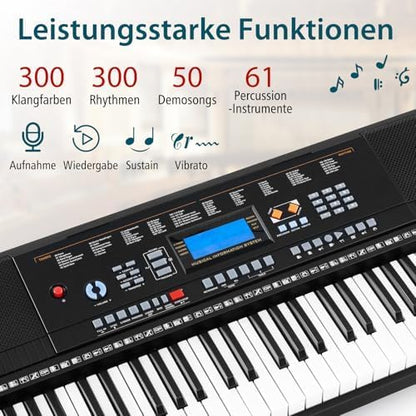 Keyboard piano 61 toetsen – Elektronisch keyboard – Digitale piano – Keyboardset – Muziekkeyboard – 300 tonen, 300 ritmes en 50 demo's – 3 leermodi