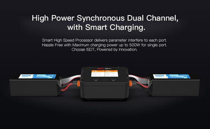 ISDT P20 Lipo snellader, DC 500WX2 20A Dual Smart oplader voor Life, LiIon, LiPo (1-8S)/LiHv (1-70S)/Pb (1-12S); NiMH/Cd(1-16S) accu's