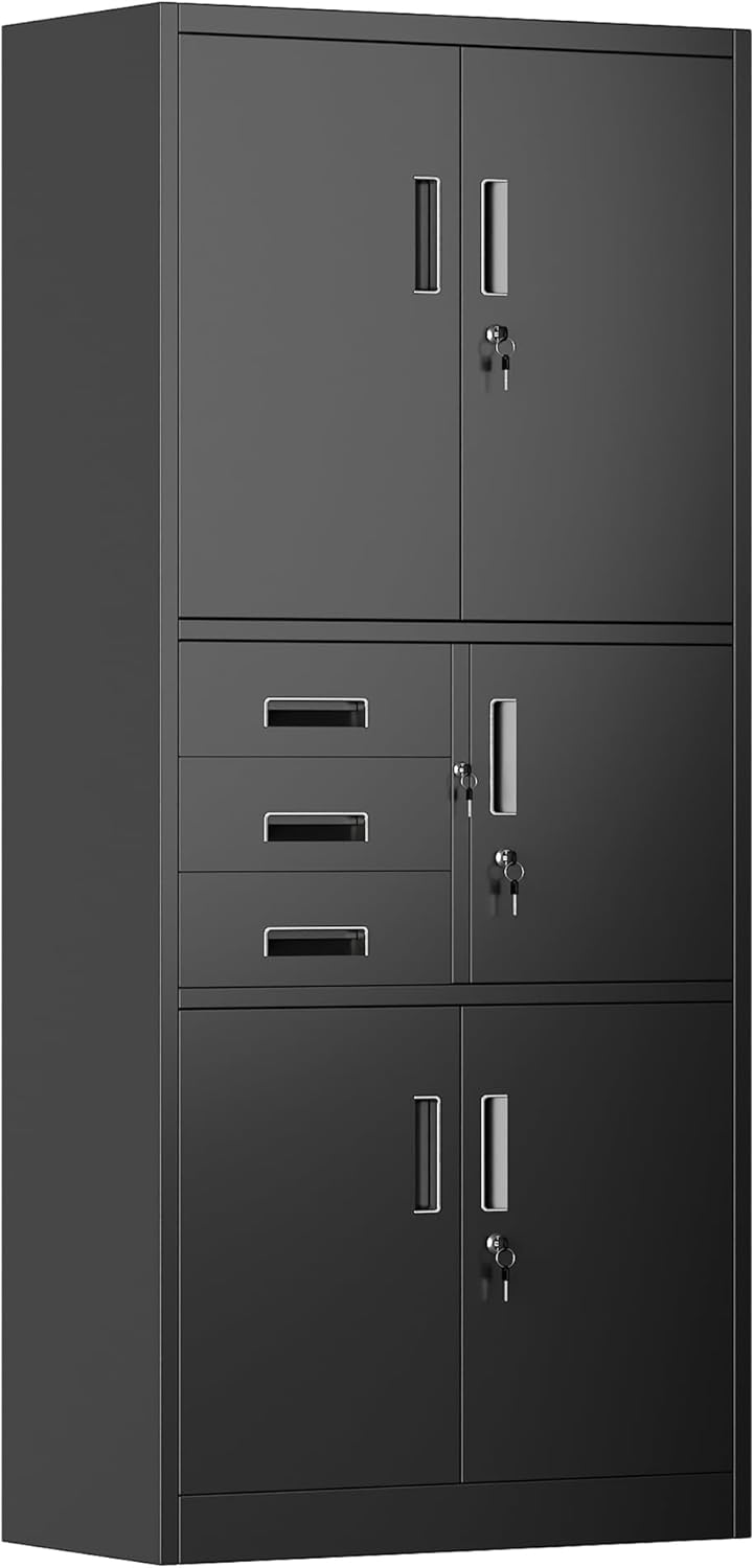 Metal Storage Cabinet with 5 Doors and 3 Drawers, Metal File Cabinet with Doors and Shelves, Steel Cabinet with Lock for Office, Warehouse, Home, 180 x 80 x 40 cm - QUORE