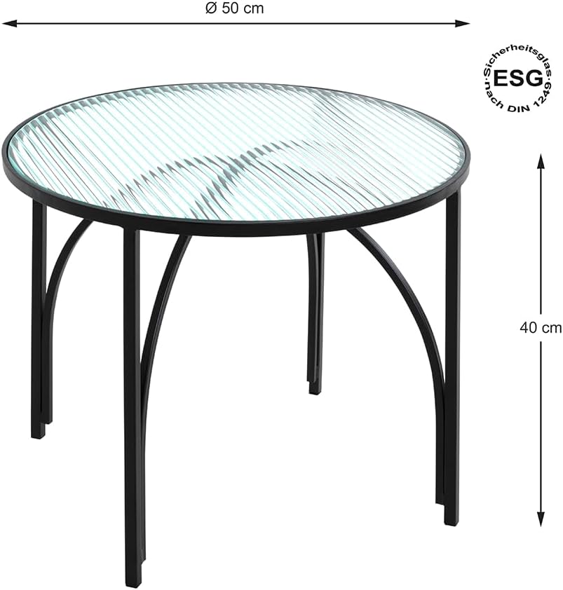 HAKU Bijzettafel zwart, Metaal, veiligheidsglas - Maat: H 40 cm x Ø 50 cm, Stijl: Modern