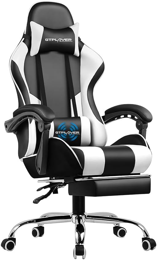 GTPLAYER Office Chair, Gaming Chair with Massage Function, Ergonomic Gamer Chair with Footrest, Headrest, Lumbar Cushion, Swivel Chair with Padded Cover, White - QUORE