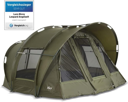 Lucx Leopard Bivvy vistent voor personen, karpertent voor 2 tot 3 mannen, visserstent Carp Dome Fishing Tent 10.000 mm, olijfgroen, 1-3 tent