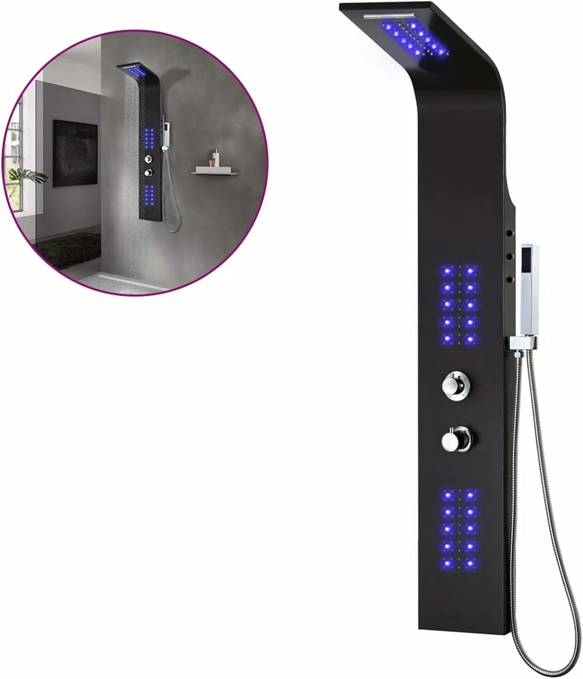 Aluminium Douchepaneel – Douchecolumn – Douchewand – Regendouche – Massagepaneel – Modern Zwart – Thermostaat Met 30 LED Lampjes