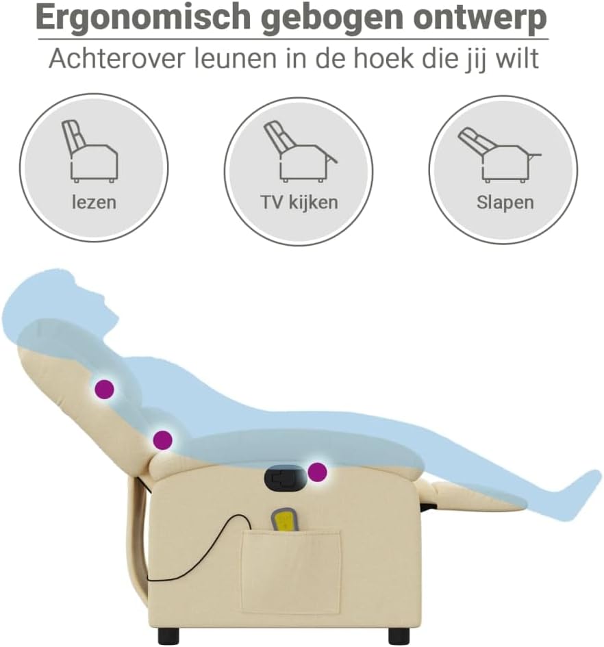 vidaXL Massagestoel verstelbaar stof crèmekleurig, zitstoel, armstoel, fauteuil, leunstoel, stoel, televisiefauteuil, tv-stoel, tv-fauteuil, zetel