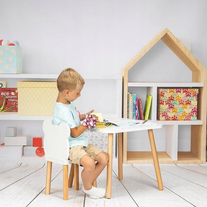 Kindertafel met 2 stoelen, set van 50 x 60 x 47 cm, van hout, beren- en konijnendesign, zitgroep kinderen, kinderkamermeubels