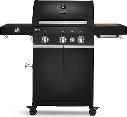 BURNHARD 3 Burners Gas Barbecue FRED Deluxe BLACK Series 3 incl. Rear Burner, Ceramic 900 °C Infrared Burner, Side Cooker, Cast Iron Grill Grate + Folding Side Tables - QUORE