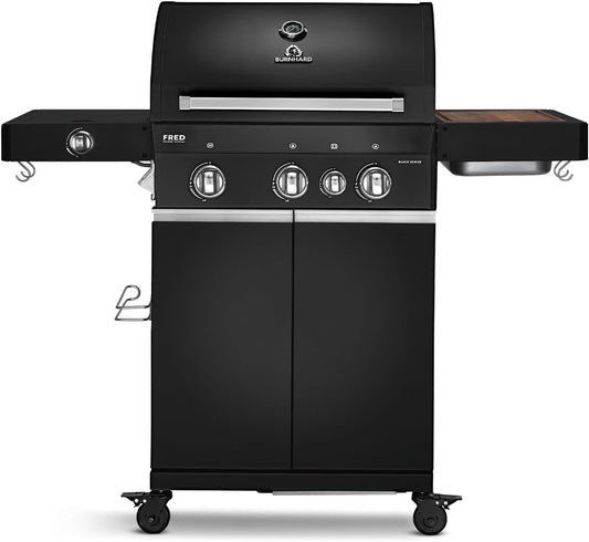 BURNHARD 3 Burners Gas Barbecue FRED Deluxe BLACK Series 3 incl. Rear Burner, Ceramic 900 °C Infrared Burner, Side Cooker, Cast Iron Grill Grate + Folding Side Tables - QUORE