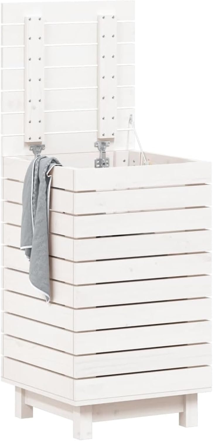 Wasmmand – Wasbak – Wascontainer – Mand Voor Wasgoed – Waskorf – Massief Dennenhout – Ruim Formaat 44x44x76 cm – Afdekbare Deksel & Wandmontage
