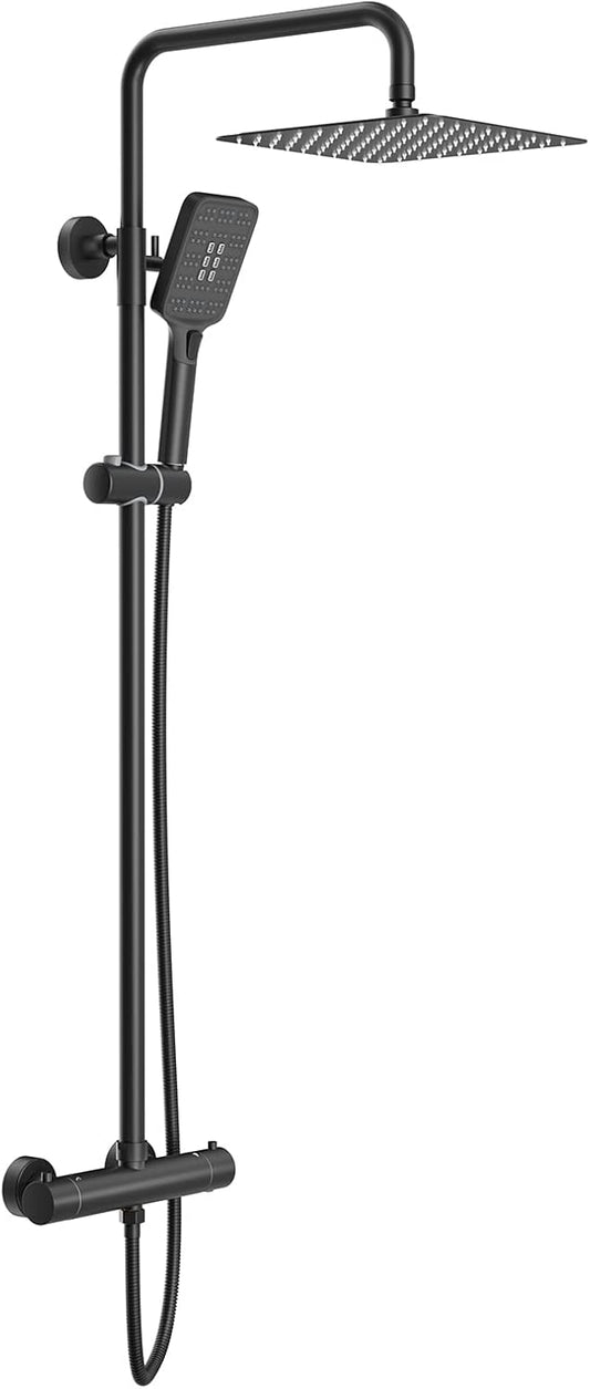 Rainsworth Douchesysteem met thermostaat, zwart, 25 x 25 cm, vierkante regendouche, roestvrij staal, complete set, regendouche met kraan, 3 straalsoorten, douchekop, 92-126 cm douchestangen