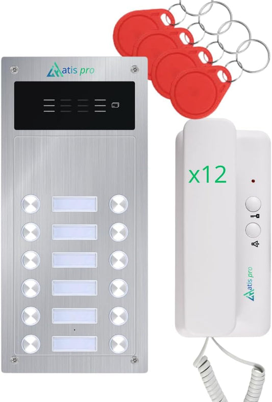 Deurintercom, 2 draden, Vandaalbeveiliging, met RFID-lezer, compleet met telefoons, stroomvoorziening | zeer eenvoudig te installeren. Installatie of oppervlak (12 appartementen)