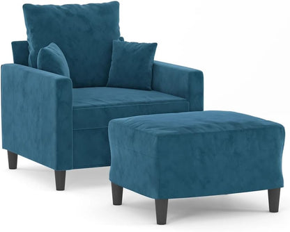Fauteuil met poef, blauw, 60 cm, fluwelen gestoffeerde stoel, relaxstoel voor woonkamer, comfortabele stoel met dik gevoerde zitting en voetenbank, robuust frame van multiplex