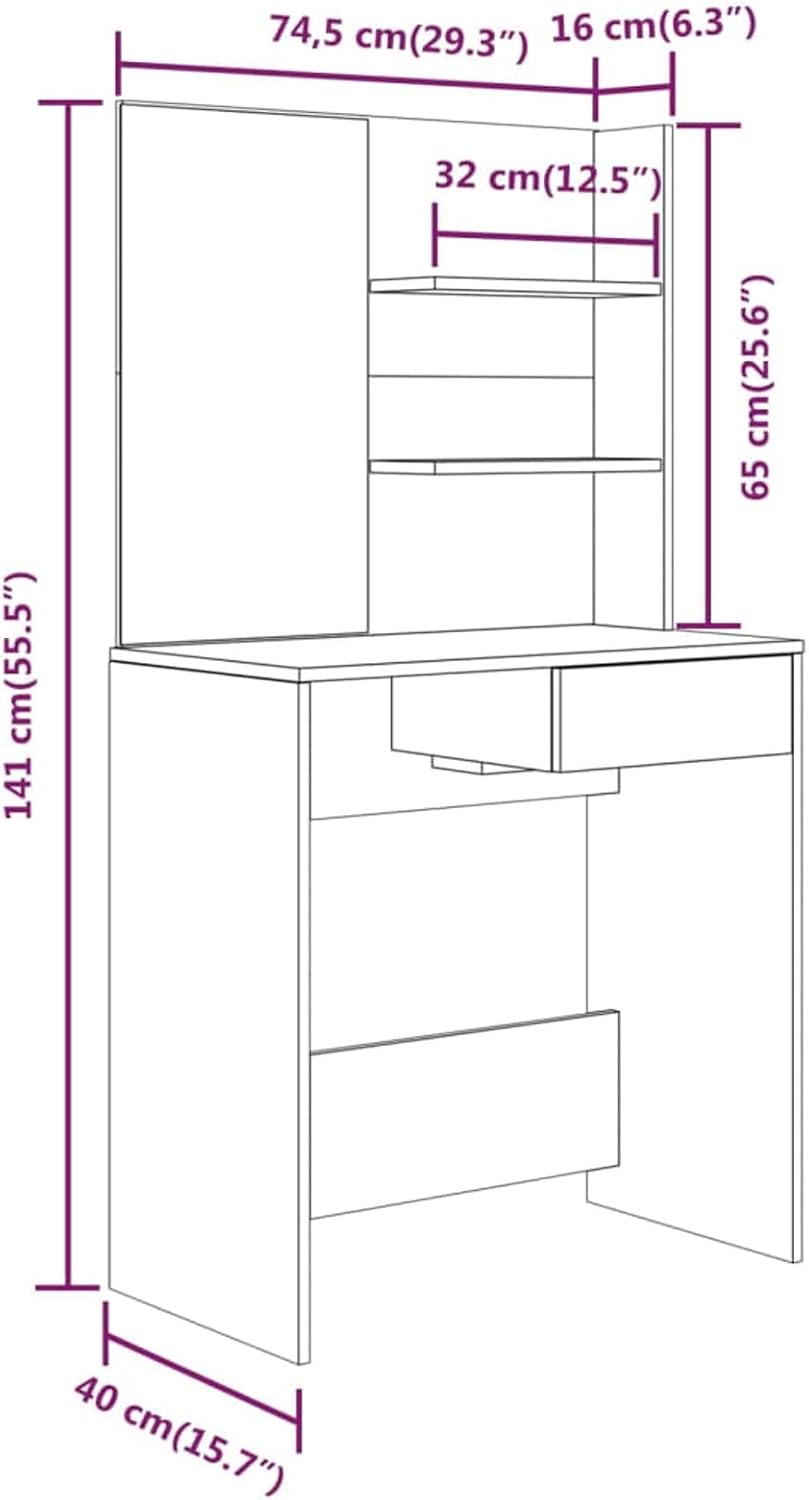 Make-uptafel met spiegel – Kaptafel – Schoonheidstafel – Make-up bureau – Dressing tafel – Stevig multiplex – Ruime opbergruimte – Beton grijs – 74,5x40x141 cm