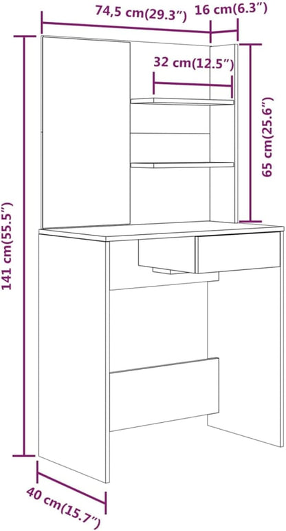 Make-uptafel met spiegel – Kaptafel – Schoonheidstafel – Make-up bureau – Dressing tafel – Stevig multiplex – Ruime opbergruimte – Beton grijs – 74,5x40x141 cm