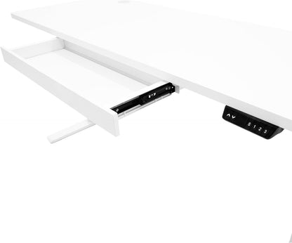 Electric Standing Desk 160 x 60cm White Height Adjustable Ergonomic Sit-to-Stand Computer Workstation Built-in Drawer USB A&C Charging Cable Pocket Hook Office Table Timer Smart Control Panel - QUORE