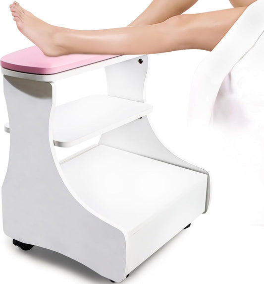 Pedicure voetsteun met wielen Roze/Wit – Manicure voetsteun – Voetsteun voor salon – Pedicure voetbank – Voetsteun met opbergruimte – Verwijderbare PU-bekleding – 4 zwenkwielen met rem