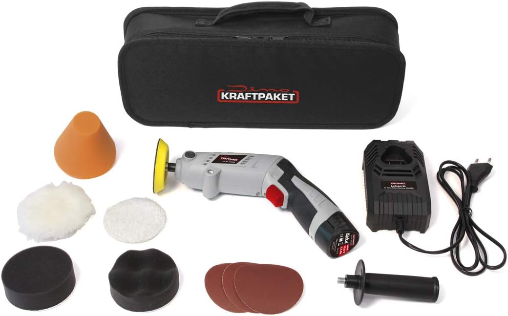 Dino KRAFTPAKET 640256 10,8 V accu polijstmachine multiplex 75 mm schijf 600-3.000 omw/min met draaibare behuizing voor staaf- of pistoolvorm. Complete set met pads polijstschijf snellader, tas, grijs