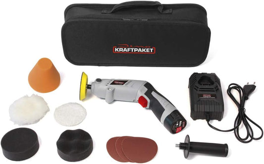 Dino KRAFTPAKET 640256 10,8 V accu polijstmachine multiplex 75 mm schijf 600-3.000 omw/min met draaibare behuizing voor staaf- of pistoolvorm. Complete set met pads polijstschijf snellader, tas, grijs