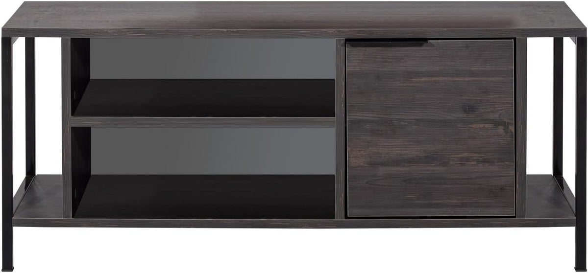 Hanah Home Industriële tv-standaard, donkerbruin en zwart, 120 cm x 48 cm x 35 cm, 100% melamine gecoat particle board, 18 mm dik, stijlvol en functioneel met cijferplanken