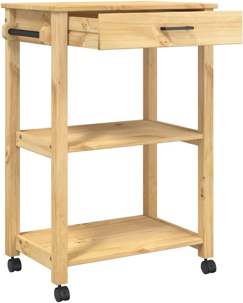 Keukentrolley – Keukenwagen – Opbergwagen – Serveerwagen – Houten Trolley – Massief Dennenhout – 60x40x88,5 cm – 4 Wieltjes Met Remmen