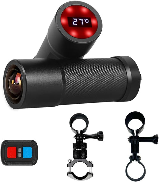 VSYSTO Fiets Camera met Temperatuurweergave, 2K Ultra Hoge Resolutie 170° Groothoek WDR Helm Dash Camera Dashcam, Afstandsbediening, Oplaadbare Waterdichte Motoractiecamera, G-Sensor