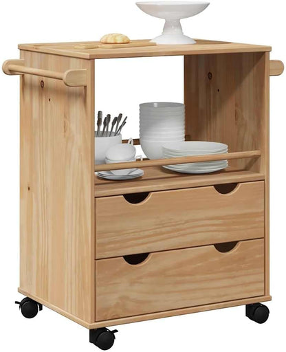 Keukentrolley – Keukenwagen – Serveerwagen – Opbergwagen – Rolwagen – Massief Grenenhout – 59x45x80 cm – Verrijdbaar Met Remmen