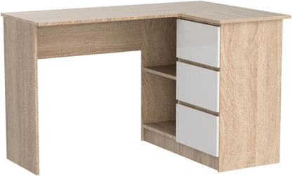 AKORD Corner Desk B-16 with 3 Drawers and 2 Shelves, Corner Desk for Home Office, L124 x H77 x D85, 48 kg, Sonoma Oak and White Front - QUORE