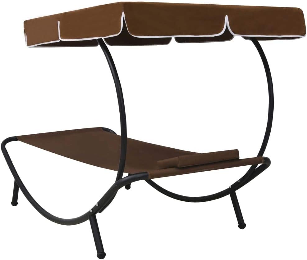 Sunbath, Outdoor Lounger with Sun Canopy and Cushion, Brown, Reclining Chair, Beach Lounger, Relax Chair for Garden, Patio, Balcony, Camping - QUORE