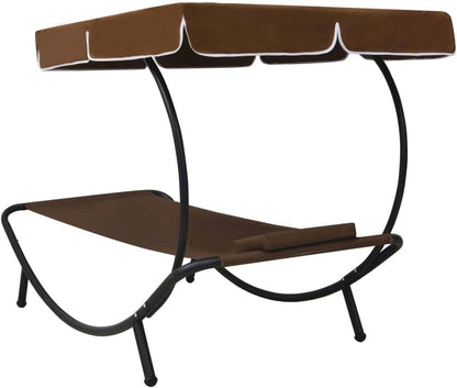 Sunbath, Outdoor Lounger with Sun Canopy and Cushion, Brown, Reclining Chair, Beach Lounger, Relax Chair for Garden, Patio, Balcony, Camping - QUORE