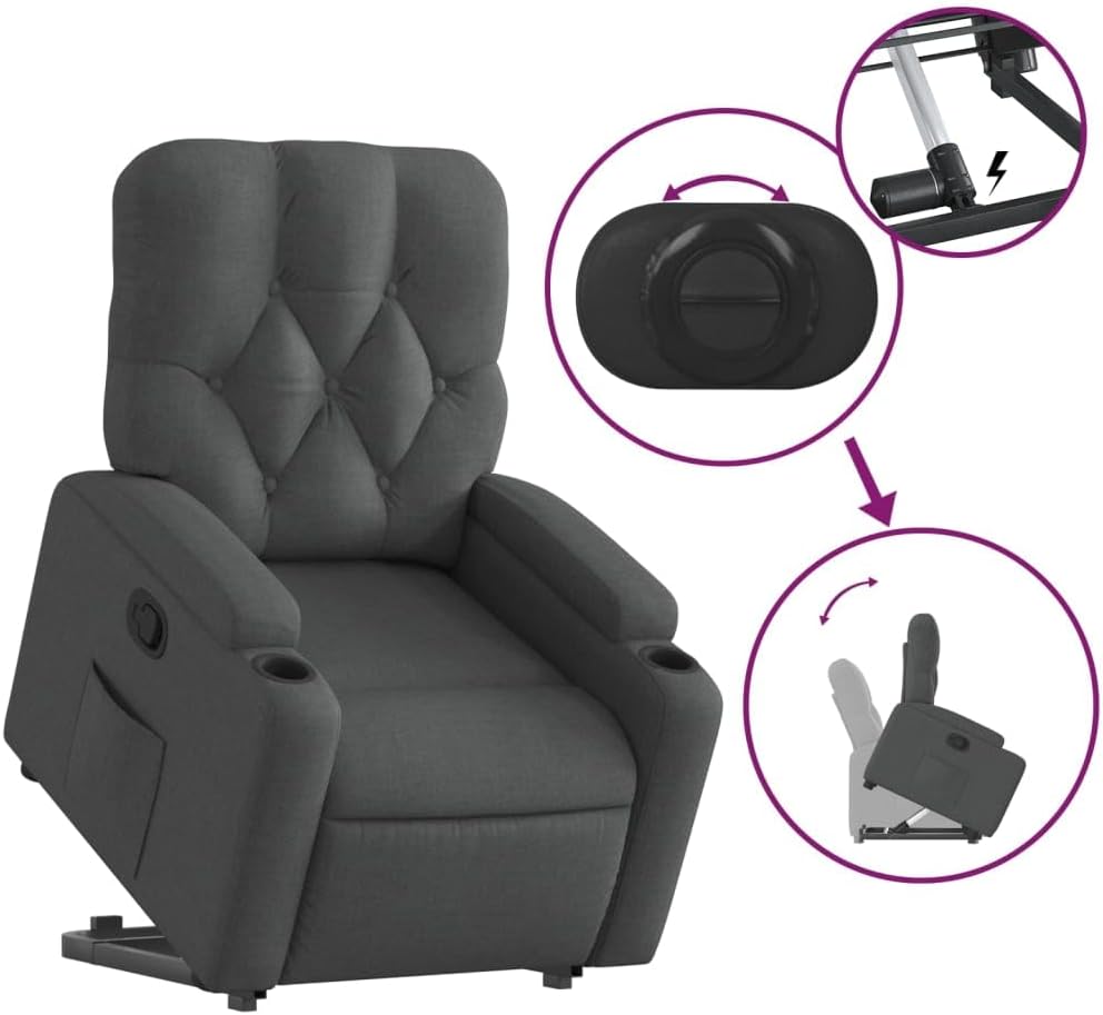 Relaxstoel met opstahulp – Elektrische Relaxstoel – Tv-stoel – Ligstoel – Verstelbare Fauteuil – Donkergrijs Stof – Handmatige Ligfunctie – Stevig Hout-Metalen Frame