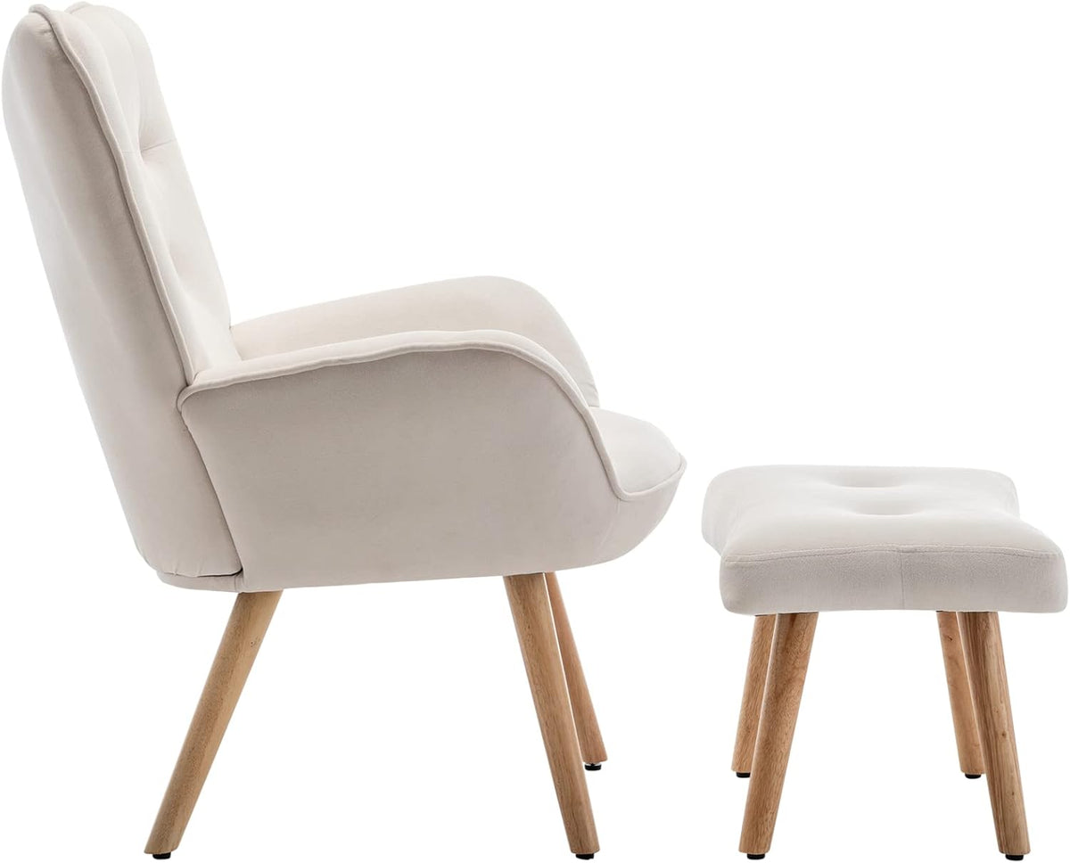 HollyHOME Comfortable Armchair with Footstool Coffee Chair Velvet Accent Chairs Cozy Relaxing Chairs Reading Chair Bedroom, Beige - QUORE