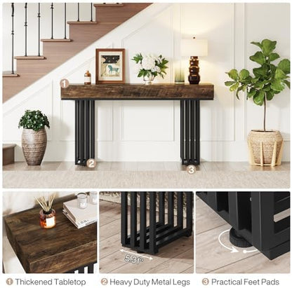 Tribesigns 140cm Console Table for Entrance, Industrial Hallway Table with Stylish Metal Frame, Sofa Foyer Table for Living Room, Entrance, Brown and Black.