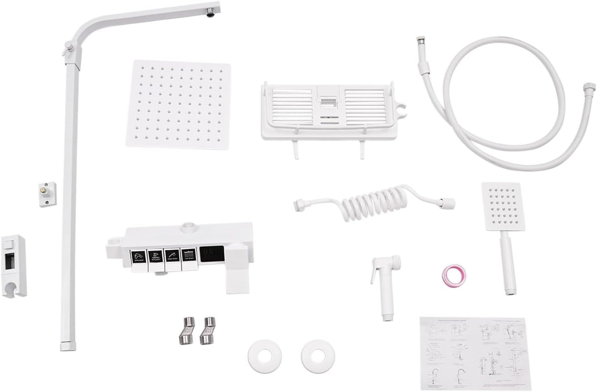 OUKANING Shower System with Thermostat, Digital, Rotary Knob, Shower Set with Storage Basket, Including Overhead Shower, Hand Shower, High Pressure Water Gun and Drain Tap (White, Colour Basin) - QUORE