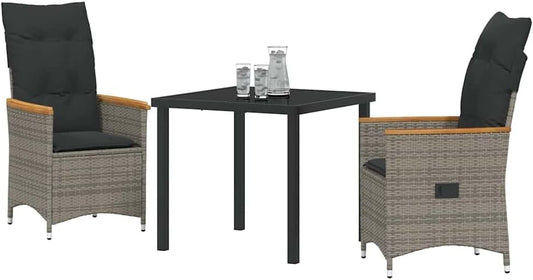 vidaXL Tuin Eetset met kussen 3 pcs Grijs Poly riet, Moderne buiten eettafel, weerbestendig tuinmeubilair, stijlvolle lounge, veelzijdig ontwerp - QUORE
